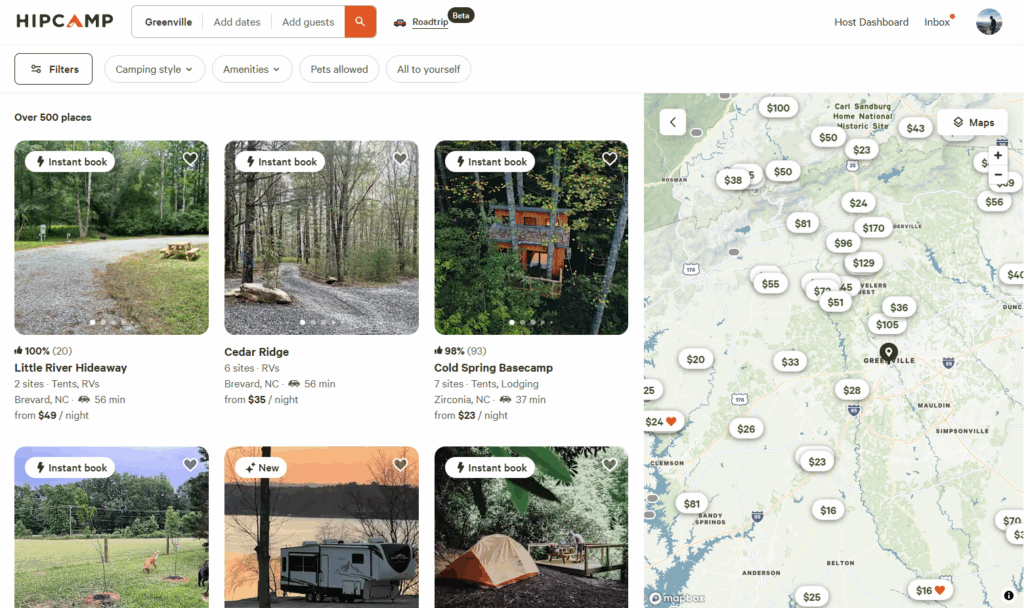 HipCamp Map - Locations to camp off grid
