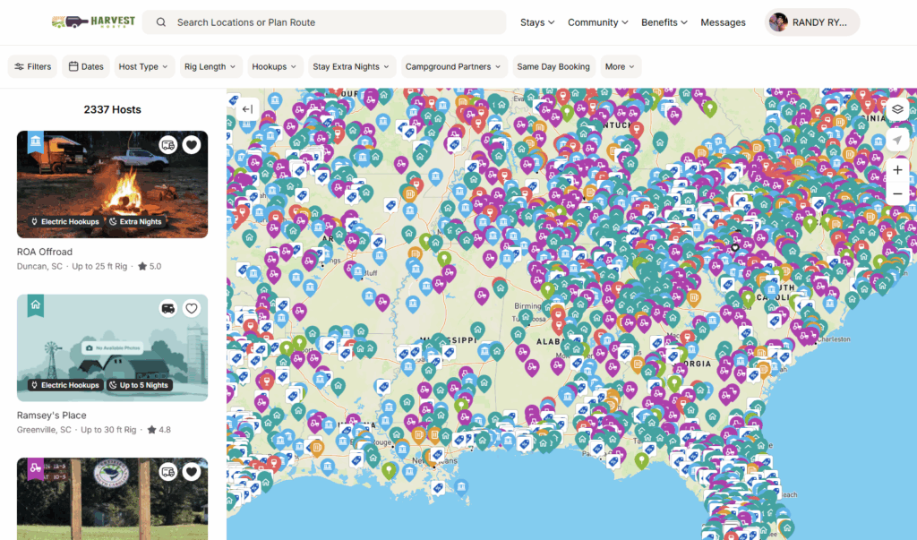 Harvest Hosts Map to Camp off grid